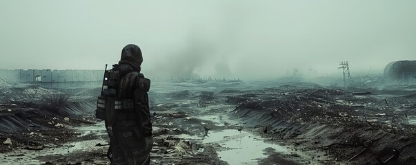 Capture the eerie beauty of a dystopian wilderness with a rear-view perspective, emphasizing desolation and isolation Convey the harsh reality of survival against a bleak backdrop