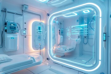 Futuristic bathroom mirror with an interactive holographic display showing health data and ambient lighting, creating an immersive experience for a morning routine.