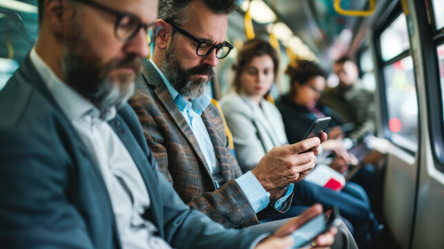 During their commute, European commuters catch up on news and emails using their smartphones, staying connected and productive while on the move - Powered by Adobe