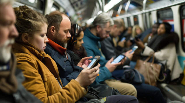 During their commute, European commuters catch up on news and emails using their smartphones, staying connected and productive while on the move - Powered by Adobe