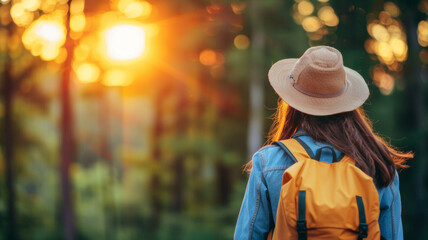 A woman wearing a straw hat and a yellow backpack is walking through a forest