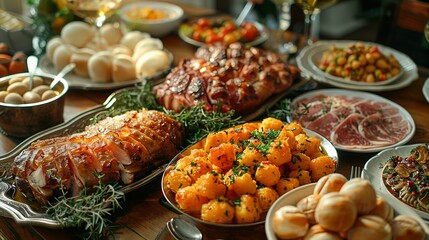 Obraz premium Bon Appétit Buffet: Indulge in European Cuisine and Spirits