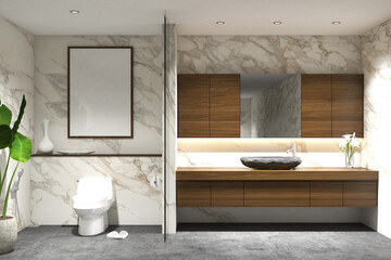 3d render of illustration of bathroom interior modern style. Closet and basin table with frame mock up. Wooden cabinet, gray cement floor, white marble wall finish and white ceiling. Set 5