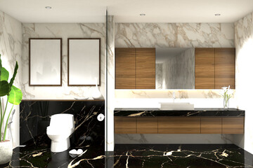 3d render of illustration of bathroom interior modern style. Closet and basin table with frame mock up. Wooden cabinet, black marble floor, white marble wall finish and white ceiling. Set 6