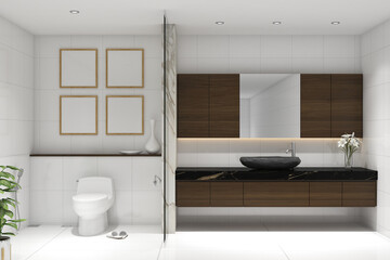 3d render of illustration of bathroom interior modern style. Closet and basin table with frame mock up. Wooden cabinet, white marble floor, white marble wall finish and white ceiling. Set 7