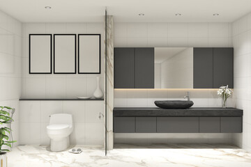 3d render of illustration of bathroom interior modern style. Closet and basin table with frame mock up. Gray cabinet, gray cement floor, white marble wall finish and white ceiling. Set 8