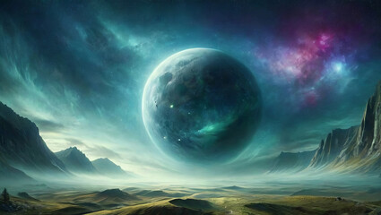 Science Fiction Alien Landscape Green Valley Large Moon Colorful  Sky Background Wallpaper