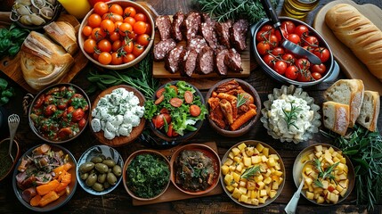 Fototapeta premium Epicurean Affair: Top-Down View of European Dinner Delights