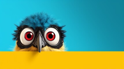 A playful bird with big eyes curiously peeks over a bright colored edge, Ai Generated