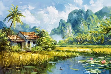 Oil painting of the countryside and rivers of western Vietnam