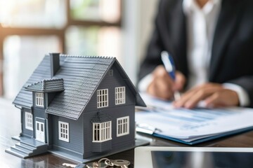 Large home model sat on a table with keys and a couple in suits sitting at a desk, signing a house contract on a touchscreen with a blurred background.