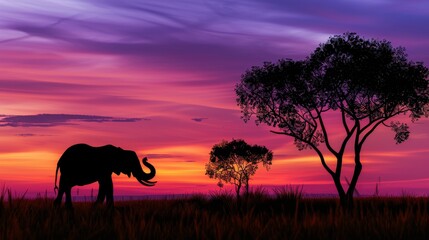 A silhouette of an elephant in the African savannah, set against a vivid sunset, Ai Generated