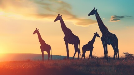 A silhouette of giraffes in the African savannah, with a stunning sunset in the background, Ai Generated