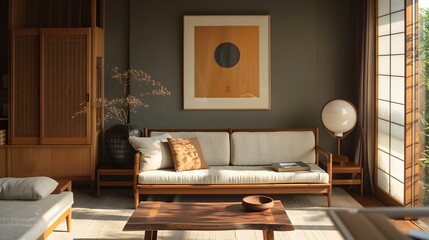 Bright Japanese living space where a neutral-toned mid-century sofa stands near a minimalist wooden cabinet, framed by a dark wall with modern poster art.
