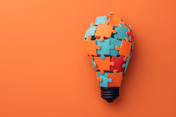 Light Bulb Made Out Of Puzzle Pieces On Orange Background with Copy Space. Imagination Concept - Powered by Adobe