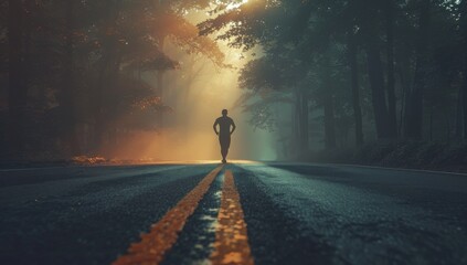 Man running on the road in nature, morning light, silhouette photography, in the style of golden age aesthetics. - Powered by Adobe
