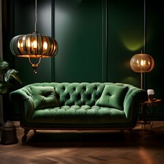 living room interior green sofa with lamps home comfortable design 3d seat wall