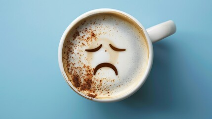 A coffee cup with a sad face drawn on the coffee milk foam, Ai Generated