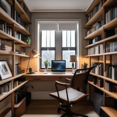 A cozy home office with a desk, ergonomic chair, and shelves filled with books3