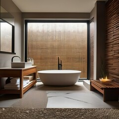 A spa-like bathroom with a rain shower, teak bench, and pebble tile flooring3