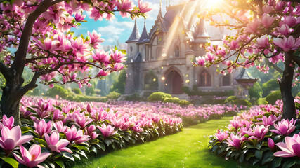 Mysterious fairy tale spring floral wide panoramic banner with fabulous blooming pink magnolias flower summer garden on blurred sunny bright shiny glowing background and copy space