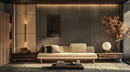 Contemporary Japanese living room showing a sophisticated mid-century sofa near a sleek wooden cabinet, highlighted by soft lighting on a dark wall.