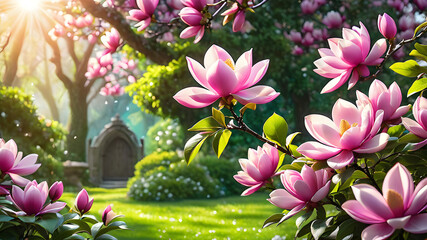 Mysterious fairy tale spring floral wide panoramic banner with fabulous blooming pink magnolias...