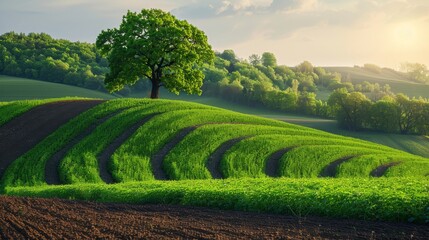 View of crops in spring, plowed fields and trees on green hillside，Vibrant Spring Landscape with Plowed Fields, Green Hills, and Trees - 4K HD Wallpaper