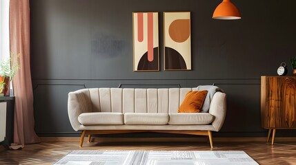 Contemporary Japanese living space featuring a plush mid-century sofa near a vintage wooden cabinet, set against a dark wall with abstract posters.