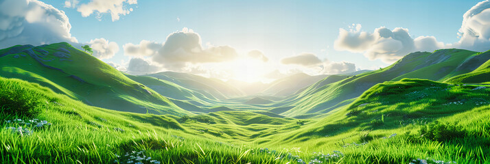 Fototapeta premium Serene Rural Landscape, Verdant Fields Under a Blue Sky, Peaceful Countryside in Summer