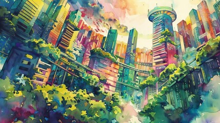 Craft a watercolor illustration with a tilted perspective, depicting a futuristic city where nature blends seamlessly with urban life Highlight the theme of environmental conservation through vivid hu