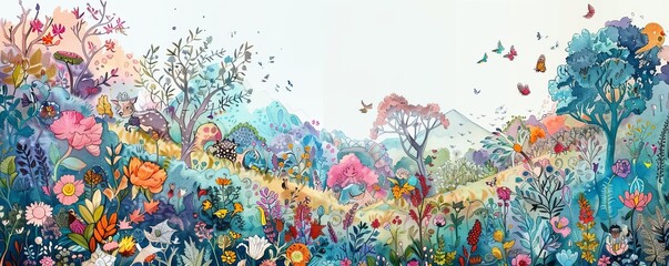 Visualize a charming countryside filled with quirky, eco-conscious creatures and vibrant flora seen from a low-angle lens Employ a mix of bright watercolors and intricate pen detailing to evoke a sens