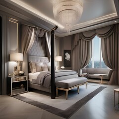 A glamorous bedroom with a four-poster bed, mirrored furniture, and a plush area rug3