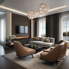 A modern living room with a sectional sofa, accent chairs, and a fireplace2