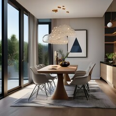 A contemporary dining room with a glass table, Eames chairs, and a statement light fixture3