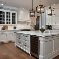 A spacious kitchen with a large island, farmhouse sink, and subway tile backsplash2