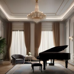 An elegant living room with a grand piano, velvet curtains, and a Persian rug2