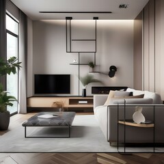 A stylish living room with a modular sofa, sculptural coffee table, and wall-mounted TV5