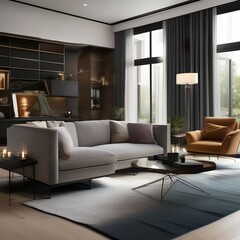 A stylish living room with a sectional sofa, accent chairs, and a fireplace4