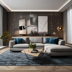 A contemporary living room with a sectional sofa, geometric coffee table, and bold artwork5