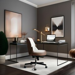 A stylish home office with a glass desk, leather chair, and abstract art2