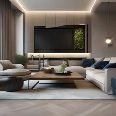 A contemporary living room with a sectional sofa, coffee table, and wall-mounted TV5
