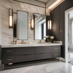 A luxurious bathroom with a double vanity, freestanding tub, and marble tile5