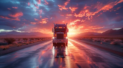 Traditional American semi truck driving on the highway in the Nevada desert at sunset, rendered in a photo realistic style.