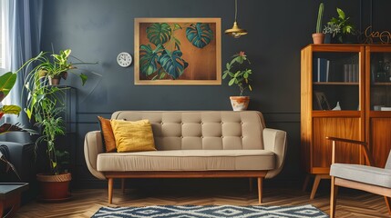 Japanese-inspired modern living room displaying a mid-century sofa next to a rustic wooden cabinet, framed by a dark wall adorned with striking art.