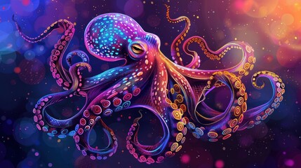 Obraz premium octopus doodle with neon light decoration background colorfull gradients.Generative AI