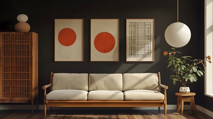 Minimalist Japanese-inspired living room, showcasing a sleek mid-century sofa adjacent to a classic wooden cabinet, with bold poster frames on a dark wall.