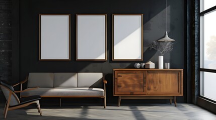 Minimalist Japanese-inspired living room, showcasing a sleek mid-century sofa adjacent to a classic wooden cabinet, with bold poster frames on a dark wall.