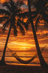 Charming Tropical Beach Sunset with Swinging Hammock and Silhouetted Palm Trees
