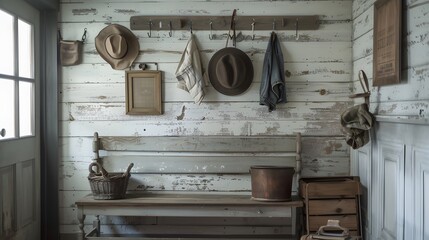 n HD image of a country-style entryway featuring a wall-mounted coat rack and a distressed wooden bench. Include vintage-style metal hooks and various rustic decor items, looking